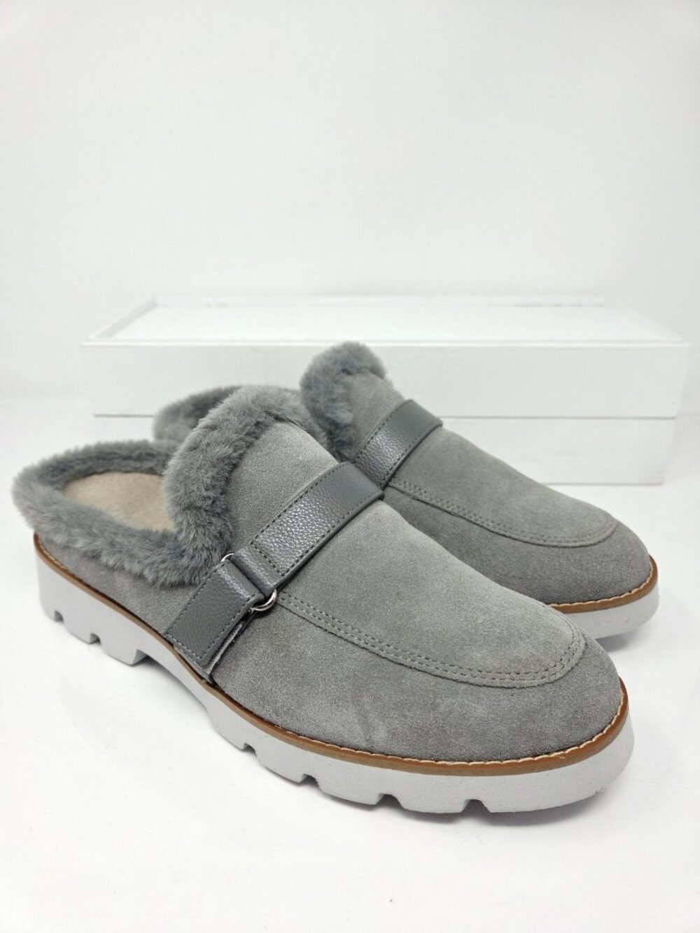 Vionic Shoes Women 8 Kailen Mules Gray Suede Shearling Lining Lug Sole Slides - Picture 5 of 9